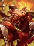  1boy abs belt cape dutch_angle fate/grand_order fate_(series) fire gauntlets helmet highres lance leonidas_(fate/grand_order) marimoppoi muscle polearm shin_guards solo weapon 