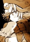  1boy 1girl ahoge black_background blush bondrewd creature from_side gloves hand_on_another&#039;s_shoulder hat hug made_in_abyss meinya_(made_in_abyss) monochrome out_of_frame parted_lips profile prushka sakurazawa_izumi sepia short_hair simple_background 