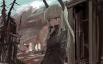  1girl blonde_hair blurry coat frown grete_m_gollob hands_in_pockets head_wings highres long_hair military military_uniform outdoors red_eyes serious sky solo uniform world_witches_series 