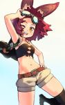  1girl :d animal_ears armpits bare_arms bare_shoulders belt blue_background cape copyright_request goggles goggles_on_head gradient gradient_background grey_shorts hand_on_hip hand_up hound_(sekaiju) looking_at_viewer midriff navel one_eye_closed open_mouth orange_eyes redhead reiesu_(reis) sekaiju_no_meikyuu shorts smile solo standing standing_on_one_leg strapless thigh-highs tubetop 