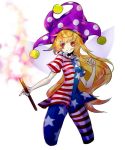  1girl american_flag_dress american_flag_legwear blonde_hair clownpiece cropped_legs dress fairy_wings fire hat holding jester_cap licking_lips long_hair looking_at_viewer microdress neck_ruff pantyhose polka_dot purple_hat red_eyes shishitori short_sleeves simple_background smile solo standing star star_print striped tongue tongue_out torch touhou very_long_hair white_background wings 