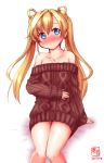 1girl abukuma_(kantai_collection) alternate_costume bed_sheet blonde_hair blue_eyes blush casual collarbone commentary_request contemporary double_bun dress highres kanon_(kurogane_knights) kantai_collection long_hair looking_at_viewer off-shoulder_sweater simple_background sitting sketch smile solo sweater sweater_dress white_background 