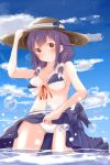  1girl absurdres adjusting_clothes adjusting_hat beach bikini blue_sky blush breasts clouds cloudy_sky collarbone day hair_flaps hat highres kantai_collection long_hair low_twintails medium_breasts navel neve ocean purple_hair red_eyes sarong sky solo standing sun_hat swimsuit taigei_(kantai_collection) twintails water whale white_bikini 