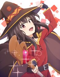  1girl arm_up bandage belt black_cape black_gloves black_hair black_hat cape collar collarbone dress fingerless_gloves gloves hand_on_headwear hat head_tilt highres holding holding_staff kono_subarashii_sekai_ni_shukufuku_wo! megumin red_dress short_hair_with_long_locks solo sparkle staff standing upper_body witch_hat 