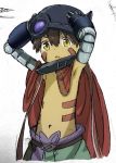  1boy :o armpits brown_hair cape collar eyebrows_visible_through_hair facial_mark hair_between_eyes hands_on_headwear highres looking_at_viewer made_in_abyss male_focus mechanical_arm mi_(pic52pic) navel pants parted_lips red_cape regu_(made_in_abyss) solo standing upper_body yellow_eyes 