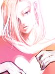  1girl android_18 blonde_hair blue_eyes dragon_ball earrings expressionless hair_over_one_eye hands heart jewelry looking_at_viewer ochanoko_(get9-sac) pink_shirt shirt short_hair simple_background solo_focus white_background 