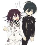  2boys ahoge black_hair checkered_scarf dangan_ronpa gakuran hand_holding multiple_boys new_dangan_ronpa_v3 open_mouth ouma_kokichi purple_hair saihara_shuuichi scarf school_uniform simple_background smile straitjacket suke_(mo8460) translation_request violet_eyes 