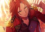 1boy bangs_pinned_back blurry clenched_hand closed_mouth collarbone depth_of_field ensemble_stars! epaulettes green_eyes idol isara_mao jacket jewelry looking_at_viewer male_focus necklace open_clothes open_jacket pink_hair smile solo sparkle 