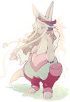  1girl animal_ears bangs barefoot ears_through_headwear eyebrows_visible_through_hair full_body furry hat highres horns long_hair looking_to_the_side made_in_abyss namiki_omu nanachi_(made_in_abyss) pants paws solo standing tail topless white_hair 