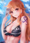  1girl blush breasts cleavage closed_mouth earrings jewelry large_breasts long_hair looking_at_viewer money nami_(one_piece) one_piece orange_eyes orange_hair smile solo suterisu_japan tattoo upper_body 