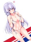  1girl azur_lane bikini blush braid breasts cleavage collarbone commentary_request french_braid heart highres large_breasts leaning_forward long_hair looking_at_viewer navel purple_hair rodney_(azur_lane) side-tie_bikini simple_background smile solo spoken_heart swimsuit violet_eyes white_background white_bikini z5987 
