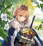  1girl ahoge andrian_gilang armor artoria_pendragon_(all) avalon_(fate/stay_night) blonde_hair cape crown excalibur fate/grand_order fate_(series) flower fur_trim green_eyes hair_bun hair_ribbon highres holding looking_at_viewer outdoors ribbon saber scabbard sheath smile upper_body 