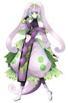  androgynous antenna_hair asame21 beads black_legwear boots earrings full_body goodra green_eyes hair_beads hair_ornament highres jewelry long_hair looking_at_viewer midriff navel personification pokemon puffy_pants purple_hair solo standing tail white_footwear 
