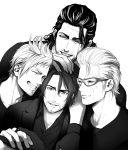  4boys beard facial_hair final_fantasy final_fantasy_xv gladiolus_amicitia glasses goatee ignis_scientia looking_at_viewer male_focus monochrome multiple_boys noctis_lucis_caelum older one_eye_closed prompto_argentum scar setsu-st smile spoilers 