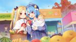  6+girls :d ahoge animal_ears apple apron azur_lane baby banana beret bird blonde_hair blue_hair blue_sky brown_hair capelet cat_ears chick cleveland_(azur_lane) commentary_request corn faceless faceless_female food fruit grapes hair_ornament hat helena_(azur_lane) highres holding kisaragi_(azur_lane) leaf long_hair mandarin_orange multiple_girls mutsuki_(azur_lane) one_side_up open_mouth orange_eyes person_carrying school_hat sky smile stall tomato tree tsubasa_tsubasa violet_eyes watermelon 