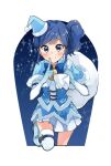  1girl aikatsu! aikatsu!_(series) bangs bell blue_bow blue_capelet blue_eyes blue_footwear blue_hair blue_headwear blue_santa_costume blue_shirt boots bow capelet christmas climbing closed_mouth commentary elbow_gloves finger_to_mouth fur-trimmed_capelet fur-trimmed_shirt fur_trim gloves hat holding holding_sack index_finger_raised kiriya_aoi knee_up looking_at_viewer medium_hair mini_hat mini_santa_hat miniskirt neck_bell night night_sky onbin_ha over_shoulder pleated_skirt sack santa_costume santa_hat shirt shushing side_ponytail skirt sky smile snowflake_print solo standing thigh-highs tilted_headwear white_gloves white_skirt white_thighhighs 