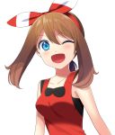  1girl ;d blush breasts brown_hair collarbone eyebrows_visible_through_hair hair_between_eyes hair_ribbon hairband haruka_(pokemon) haruka_(pokemon)_(remake) highres long_hair medium_breasts one_eye_closed open_mouth pokemon pokemon_(game) pokemon_oras red_hairband ribbon shiny shiny_skin simple_background sleeveless smile solo upper_body white_background yuihiko 