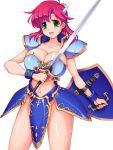  1girl armor bracelet breastplate breasts cleavage final_fantasy final_fantasy_v green_eyes highres jewelry large_breasts lenna_charlotte_tycoon midriff navel open_mouth pauldrons raochuu redhead shield short_hair sword weapon 