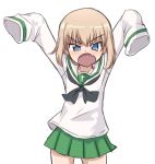  &gt;:o 1girl :o arms_up blouse blue_eyes chikuwa_(majihima) commentary_request cowboy_shot eyebrows_visible_through_hair fang girls_und_panzer green_skirt katyusha light_brown_hair looking_at_viewer neckerchief ooarai_school_uniform pleated_skirt school_uniform serafuku short_hair simple_background skirt sleeves_past_wrists solo white_background white_blouse 