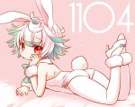 animal_ears bangs bare_shoulders bed_sheet blush bow bunny_girl bunny_tail bunnysuit closed_mouth commentary_request detached_collar eyebrows_visible_through_hair fingernails full_body green_bow green_hair head_rest high_heels leotard looking_at_viewer looking_to_the_side lying made_in_abyss multicolored_hair on_stomach pantyhose pink_background prushka rabbit_ears red_eyes sakurazawa_izumi short_hair tail two-tone_hair white_collar white_footwear white_hair white_legwear white_leotard 