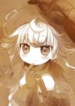  1boy 1girl :&lt; ahoge blush bondrewd capelet closed_mouth eyebrows_visible_through_hair gloves hat looking_at_viewer made_in_abyss monochrome pointing pointing_at_viewer pov pov_hands prushka sakurazawa_izumi sepia sepia_background short_hair simple_background solo_focus 
