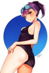  1girl ass bangs blush breasts eyebrows_visible_through_hair fate/grand_order fate_(series) goggles goggles_on_head helena_blavatsky_(swimsuit_archer)_(fate) hijiri_ruka looking_at_viewer one-piece_swimsuit ponytail purple_hair short_hair small_breasts smile solo swimsuit violet_eyes watermark 