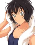  1girl bangs bare_arms bare_shoulders black_hair camisole character_request copyright_check eyebrows_visible_through_hair green_eyes hand_up highres looking_at_viewer meitantei_conan parted_lips sekina short_hair simple_background solo towel towel_around_neck upper_body white_background 