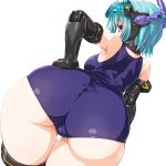  1girl ass black_gloves black_legwear blue_hair blush breasts chromatic_aberration dd_(ijigendd) dutch_angle elbow_gloves eyebrows_visible_through_hair frame_arms_girl from_behind gloves hand_on_hip headgear highres hresvelgr legs_together looking_at_viewer looking_back mecha_musume medium_breasts one-piece_swimsuit school_swimsuit shiny shiny_clothes shiny_hair shiny_skin short_hair simple_background solo swimsuit thigh-highs thigh_gap violet_eyes white_background 