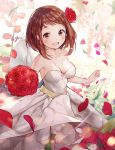  1girl :d artist_name bare_arms bare_shoulders blurry blush boku_no_hero_academia bouquet breasts brown_eyes brown_hair cleavage collarbone cowboy_shot depth_of_field dress flower gio_(maroon0924) hair_flower hair_ornament holding holding_bouquet looking_at_viewer medium_breasts open_mouth pavement petals red_rose revision rose round_teeth short_hair sleeveless sleeveless_dress smile solo sparkle teeth uraraka_ochako wedding_dress white_dress wind 