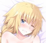  1girl absurdres blonde_hair blue_eyes braid clenched_teeth collarbone eyebrows_visible_through_hair fate/apocrypha fate_(series) from_above highres kirishima_noa long_hair lying nude on_back one_eye_closed ponytail portrait ruler_(fate/apocrypha) shiny shiny_skin single_braid solo tears teeth 