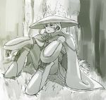  1girl armor boots cape elbow_on_knee hair_between_eyes hat jacket looking_afar made_in_abyss mi_(pic52pic) monochrome outdoors ozen pants parted_lips short_hair sitting solo vambraces whistle 