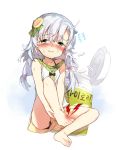  1girl barefoot blush character_request feet hair_ornament highres korean medicine_bottle pain panties pantyshot takotsu tears translation_request underwear white_hair yellow_eyes 