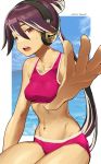  1girl 2017 alternate_costume bangs bare_arms bare_shoulders bell bikini blue_sky breasts clouds collarbone cowboy_shot dated day eyebrows eyelashes facing_away fingernails flying_sweatdrops groin guilty_gear guilty_gear_xrd hair_between_eyes hair_bun headphones jingle_bell kum_haehyun long_hair long_ponytail looking_at_viewer midriff multicolored_hair navel nose ocean open_mouth outstretched_arm pink_bikini pink_eyes purple_hair sitting sky small_breasts solo stomach straight_hair streaked_hair sweat swimsuit teeth tongue twitter_username two-tone_hair very_long_hair water white_hair zaki_(narashigeo) 