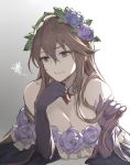  1girl annoyed backlighting bangs bare_shoulders breasts brown_hair cleavage clenched_teeth commentary_request empty_eyes eyebrows_visible_through_hair flower gloves granblue_fantasy hair_between_eyes half-closed_eyes highres kakage large_breasts light long_hair looking_to_the_side playing_with_own_hair purple_flower purple_gloves purple_rose rose rosetta_(granblue_fantasy) shiny shiny_hair solo teeth very_long_hair violet_eyes wide_sleeves 