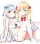  2girls agnam_ore all_fours arm_support bare_shoulders barefoot bikini bikini_skirt blonde_hair blue_eyes breasts cleavage dress hairband highres leaning_back long_hair looking_at_viewer medium_breasts multiple_girls original red_eyes scrunchie silver_hair sitting sleeveless sleeveless_dress small_breasts swimsuit thigh-highs twintails white_dress white_legwear 