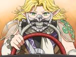  1girl blonde_hair driving eyebrows_visible_through_hair face_mask fusion green_eyes immortan_joe long_hair looking_at_viewer mad_max mad_max:_fury_road mask mizuhashi_parsee pointy_ears scarf shirosato shoulder_pads solo touhou upper_body white_scarf wide-eyed 