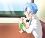  1boy blue_hair cup drinking_glass matsudappoiyo multicolored_hair red_eyes solo streaked_hair table utau white_hair 