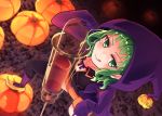  1girl :p black_legwear black_skirt blood blush breasts cleavage collarbone from_above green_eyes green_hair gumi halloween halloween_costume highres hood hooded_jacket jacket kneehighs looking_at_viewer medium_breasts neck_ribbon open_clothes open_jacket orange_shorts pumpkin purple_jacket ribbon shorts skirt solo standing_on_object syringe thigh-highs tongue tongue_out very_long_sleeves vocaloid witch yellow_footwear 