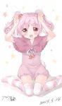  1girl :3 :d animal_ears arms_up bangs barefoot blush bunny_girl bunny_tail capelet collarbone dated eyebrows_visible_through_hair full_body head_tilt highres looking_at_viewer open_mouth original pink_capelet pink_hair pink_jumpsuit pom_pom_(clothes) rabbit_ears red_eyes short_jumpsuit signature simple_background sitting smile solo star starry_background striped striped_legwear tail twintails uchuuneko wariza white_background 