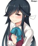 1girl absurdres black_hair blue_bow blue_neckwear blush bow bowtie brown_eyes closed_mouth collared_shirt dress eyebrows_visible_through_hair hair_over_one_eye hand_on_own_chest hayashimo_(kantai_collection) heart heart-shaped_pupils highres kantai_collection kiritto long_hair long_sleeves looking_at_viewer shirt simple_background smile solo symbol-shaped_pupils twitter_username upper_body white_background white_dress wing_collar 