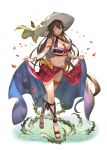  1girl armlet bare_shoulders between_breasts bikini bracelet brown_hair choker flower frilled_bikini frills granblue_fantasy grin groin hat hat_ribbon highres jewelry kakage long_hair looking_at_viewer nail_polish navel petals plant ribbon rose rosetta_(granblue_fantasy) sandals_barefoot sarong sarong_lift simple_background smile solo sun_hat swimsuit thigh_strap vines violet_eyes white_background 