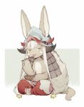  1girl :3 animal_ears bangs barefoot bowl ears_through_headwear eating eyebrows_visible_through_hair full_body furry hat holding holding_spoon horizontal_pupils horns indian_style long_hair looking_at_viewer made_in_abyss nanachi_(made_in_abyss) pants parted_lips paws sitting smile solo spoon tail topless whiskers white_hair yue_(kingdom1259) 
