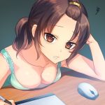  1girl bangs_pinned_back breast_press breasts brown_eyes brown_hair cleavage clenched_teeth desk frustrated head_rest long_hair medium_breasts mouse no_bra original riichi_(rouchi) solo stylus tablet tank_top teeth 