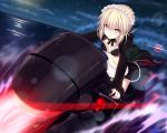  1girl apron artoria_pendragon_(swimsuit_rider_alter)_(fate) black_bra black_jacket black_ribbon black_skirt blonde_hair blush bra breasts choker cleavage eyebrows_visible_through_hair fate/grand_order fate_(series) frilled_apron frilled_bra frilled_skirt frills hair_between_eyes highres jacket maid_headdress medium_breasts miniskirt murasame_shia navel neck_ribbon ocean open_clothes open_jacket outdoors ribbon riding short_hair_with_long_locks skirt sky solo star_(sky) starry_sky underwear white_apron yellow_eyes 