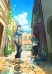  1boy 1girl absurdres apron black_hair brown_eyes brown_hair bucket city clouds day flower hand_on_hip hand_on_own_head highres japanese_clothes kururi ladle long_hair outdoors plant potted_plant puddle road sandals sekai_izakaya_&quot;nobu&quot; senke_shinobu shade short_hair sky sliding_doors smile street vines waist_apron water yazawa_nobuyuki 