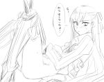  1girl aoki_shizumi armor armored_boots ass blush boots fate/extra fate/extra_ccc fate_(series) from_side greyscale hair_ribbon knees_up long_hair looking_at_viewer meltlilith monochrome ribbon sketch solo spikes sweat translation_request 