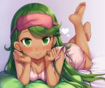  1girl arm_support barefoot blush breasts dark_skin feet green_eyes green_hair heart highres long_hair looking_at_viewer lying mallow_(pokemon) medium_breasts on_stomach pajamas pink_pajamas pokemon pokemon_(anime) pokemon_(game) pokemon_sm sleep_mask smile snowcanvas soles solo toes 