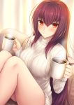  1girl bangs bare_legs blush breasts cup eyebrows_visible_through_hair fate/grand_order fate_(series) highres large_breasts long_hair looking_at_viewer mug purple_hair red_eyes scathach_(fate/grand_order) sitting smile sweater taiki_ken turtleneck turtleneck_sweater 