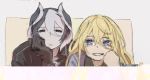  2girls bangs black_eyes black_gloves black_hair blonde_hair blue_eyes chin_rest closed_mouth commentary_request expressionless eyebrows_visible_through_hair gloves grin jitome long_hair looking_at_viewer lyza made_in_abyss mi_(pic52pic) multicolored_hair multiple_girls ozen short_hair smile two-tone_hair whistle white_hair 