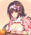  1girl bangs blush bow breasts brown_hair c: cleavage eyebrows_visible_through_hair fate/grand_order fate_(series) food frills fruit hair_bobbles hair_bow hair_ornament hairband half-closed_eyes hinooka_shuuji hood hood_down japanese_clothes long_hair looking_at_viewer low_twintails mandarin_orange medium_breasts osakabe-hime_(fate/grand_order) pink_bow revision ribbon_trim sidelocks smile solo twintails upper_body violet_eyes 